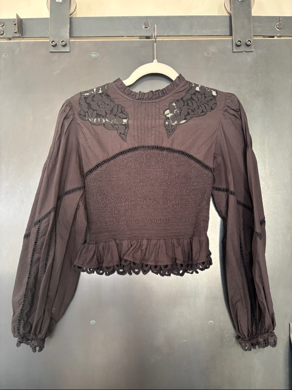 Farm Rio Boho Lace Detail Smocked Peplum Blouse - Black